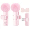 Pink USB-C wireless lavalier microphone with fuzzy pink foam windscreen and clip attachments