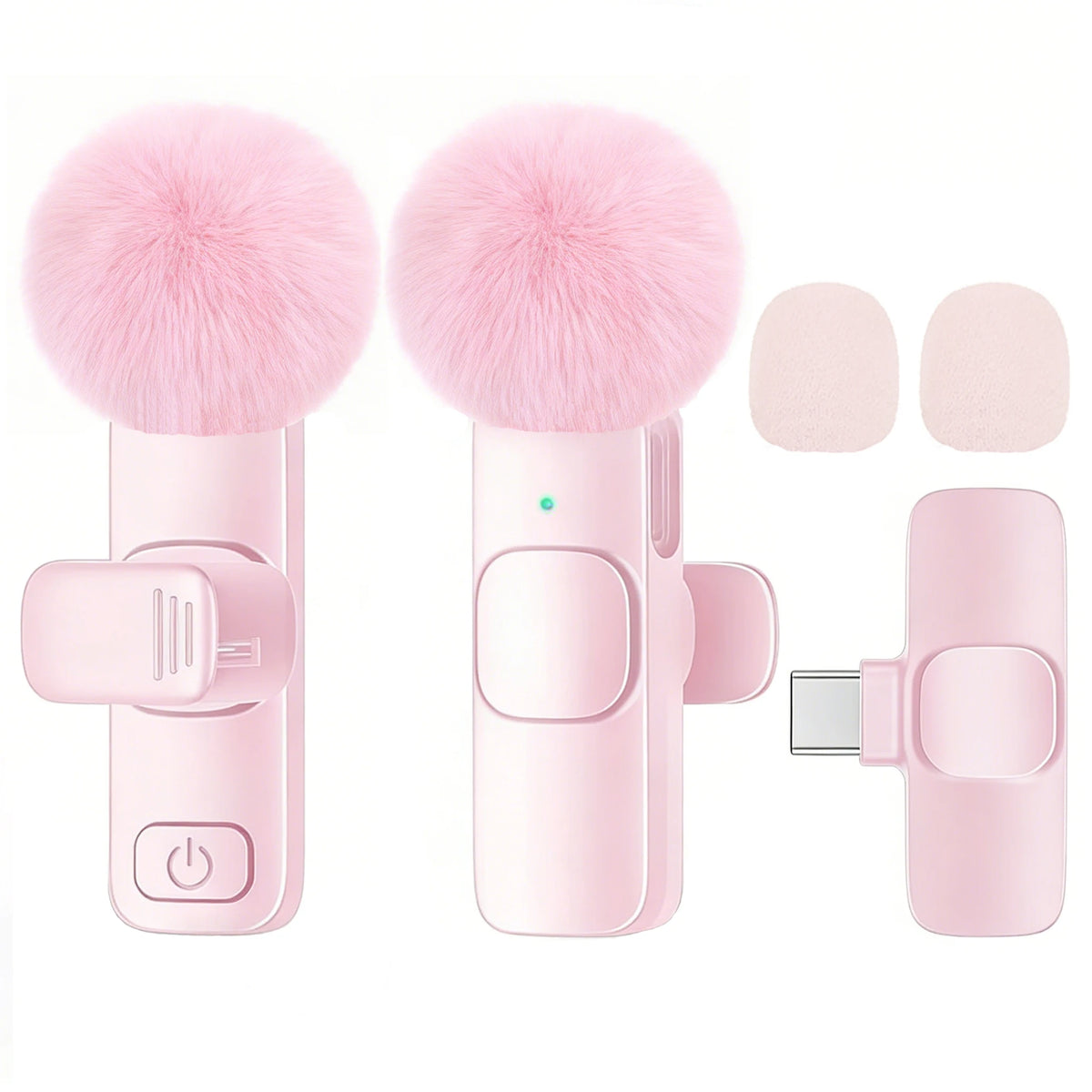 Pink USB-C wireless lavalier microphone with fuzzy pink foam windscreen and clip attachments