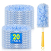 A blue electrostatic duster with a fluffy brush head is shown in two packaged forms.