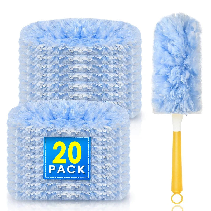 A blue electrostatic duster with a fluffy brush head is shown in two packaged forms.