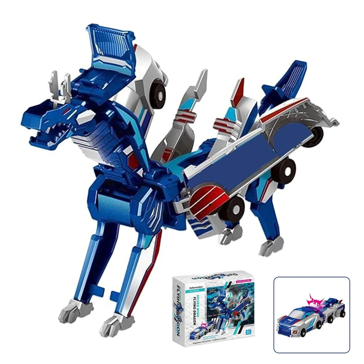 A blue unicorn transformable car toy for kids shown in a dynamic pose.