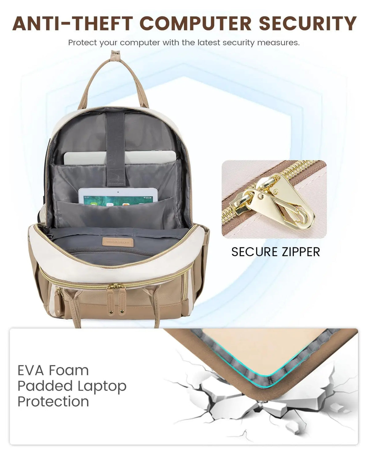 A tan and beige anti-theft laptop backpack featuring EVA foam padding for protection.