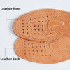 A pair of genuine leather insoles showing the front and back, designed for breathable comfort.