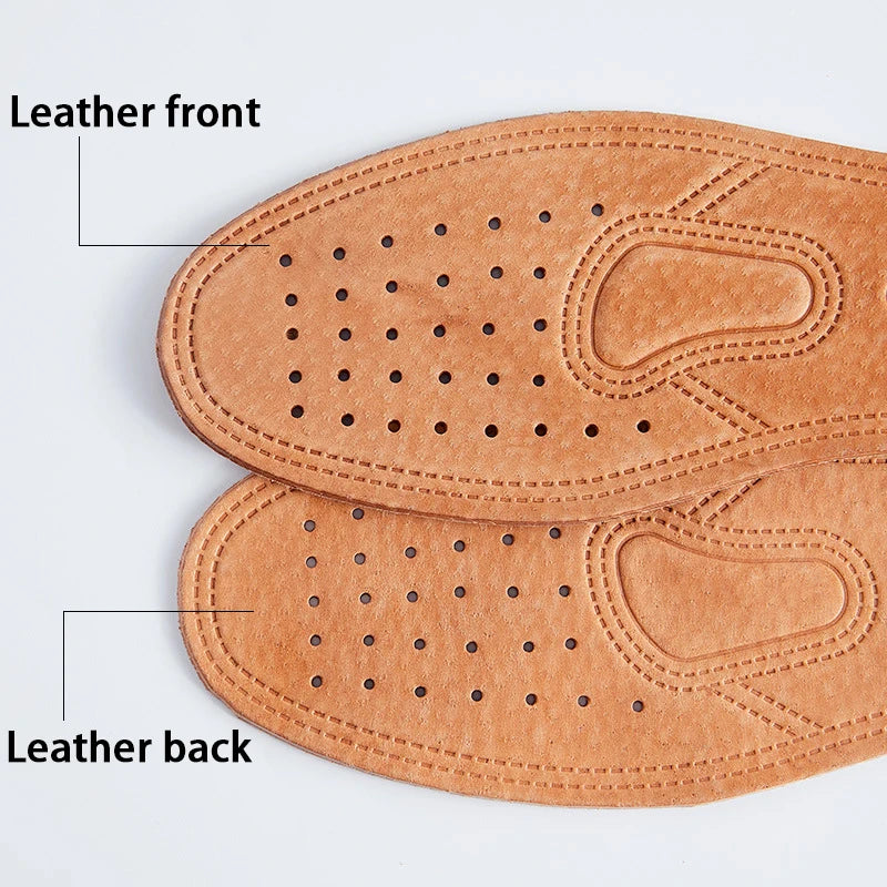 A pair of genuine leather insoles showing the front and back, designed for breathable comfort.