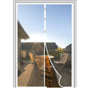 A vertical magnetic screen door curtain with auto-close mesh visible in a white frame.