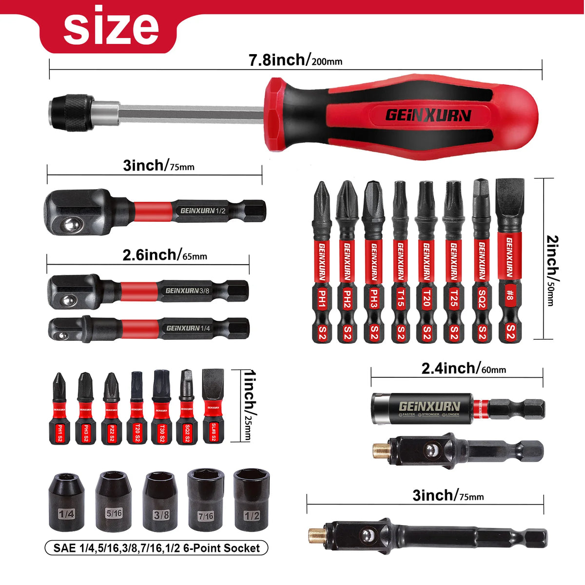A collection of various sized magnetic screwdriver bits and drivers in black, red, and silver for precision work.