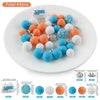 A collection of 45 round silicone beads in various colors including blue, orange, white, and teal arranged on a white plate.