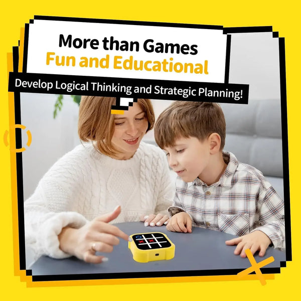 A woman and a boy play a portable electronic tic-tac-toe game on a table.