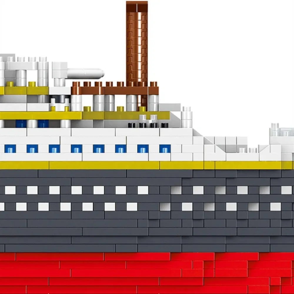 A detailed model kit of a Titanic ship built from interlocking plastic bricks showing the hull and superstructure.