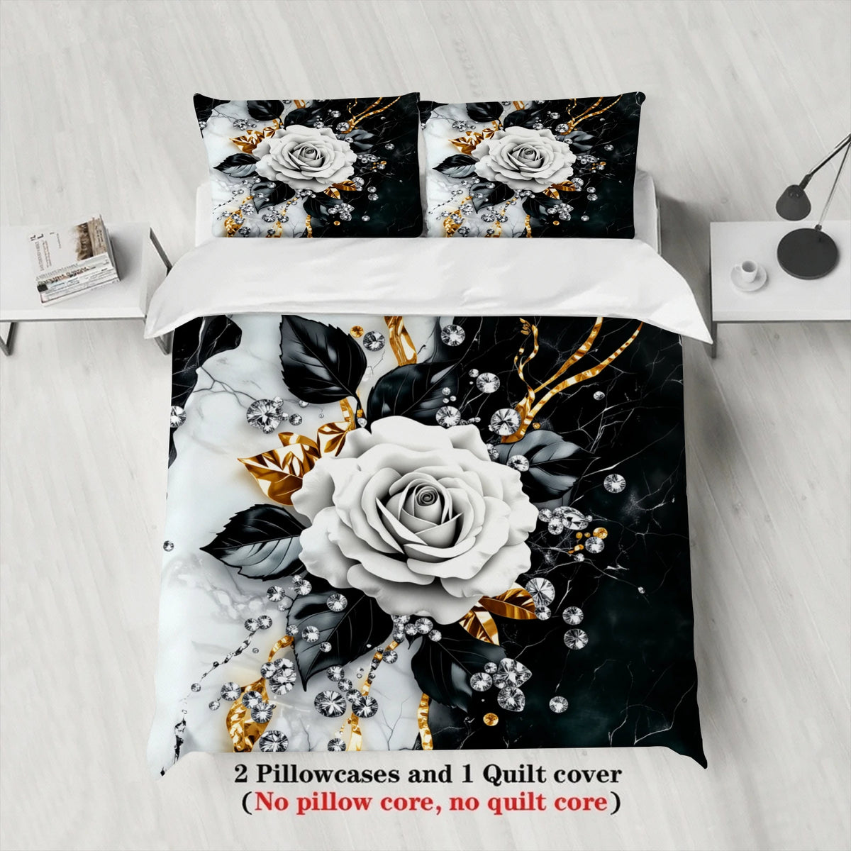 3D Floral Duvet Cover Set – Black & White Rose Design with Pillowcases