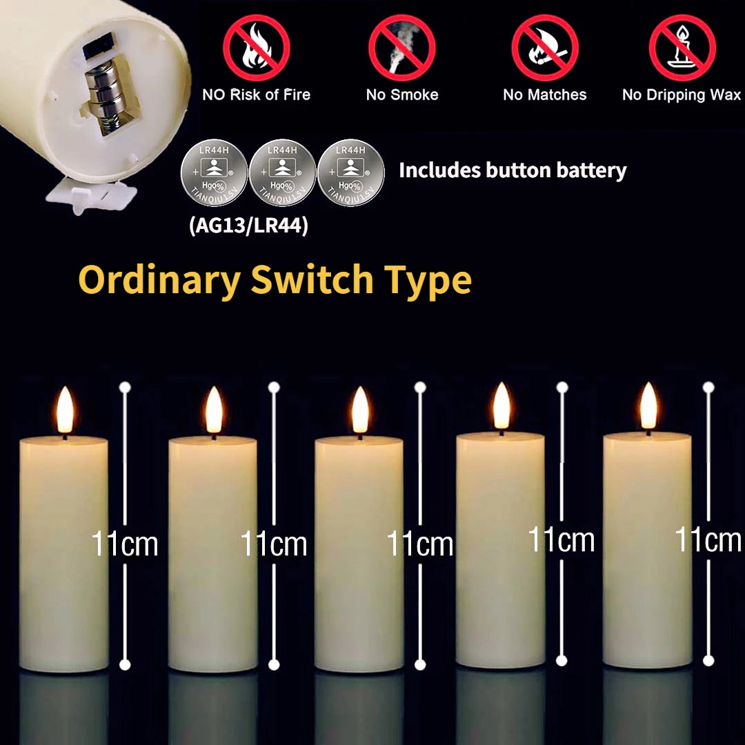 A set of five white LED pillar candles with a remote control and timer displayed against a dark background.