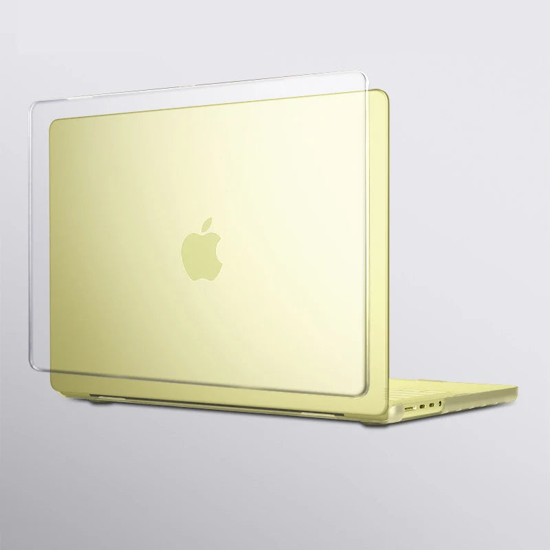 A light yellow protective case for a MacBook laptop.