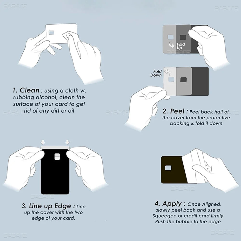 Instructions for applying a Dodge Hellcat Demon credit card skin cover sticker to a card.