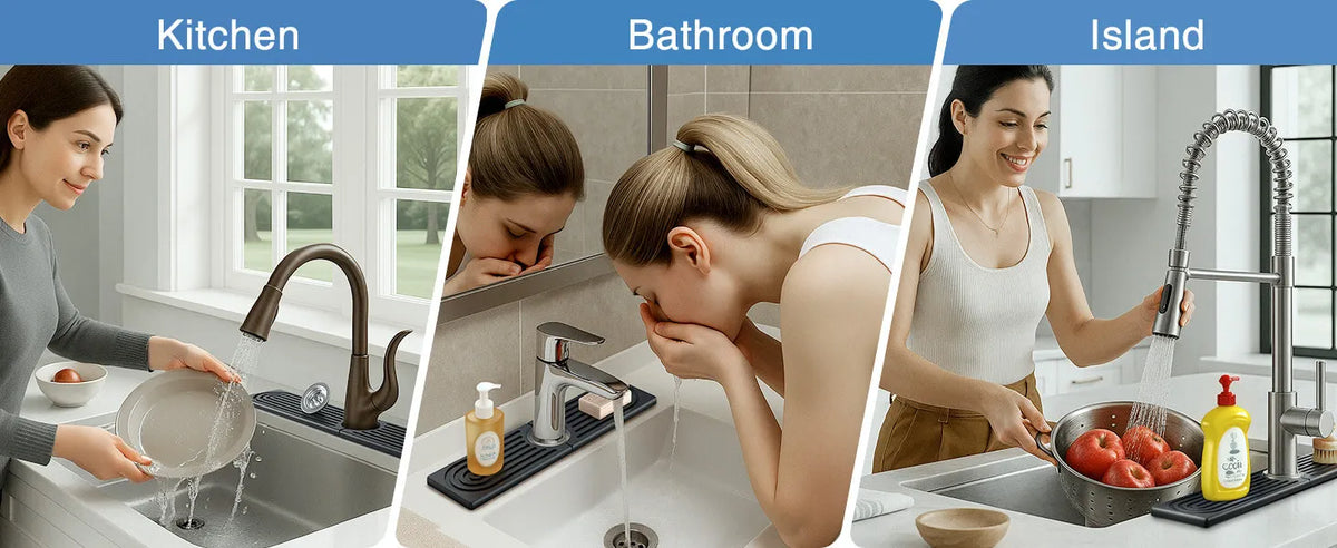 A woman is using a diatomite faucet mat in a kitchen sink and bathroom basin to absorb water.