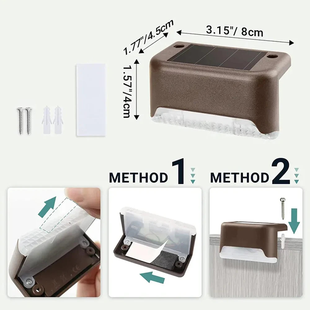 Two methods shown for installing solar powered LED step lights on outdoor stairs and paths.