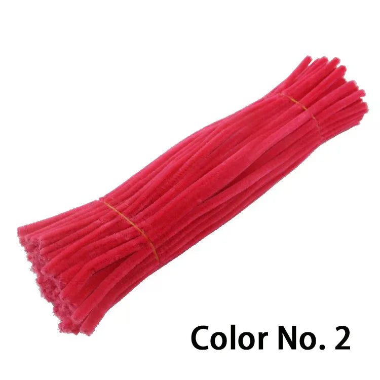A bundle of red chenille craft stems for DIY projects.