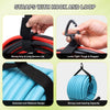 Close-up shots of black straps with hook and loop features demonstrating strong grip, tight locks, extended design, and load-