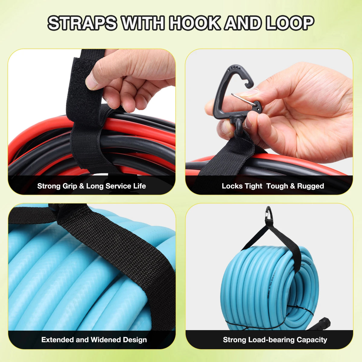 Close-up shots of black straps with hook and loop features demonstrating strong grip, tight locks, extended design, and load-