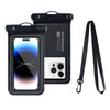 A black waterproof floating phone case with a detachable strap is shown in various forms.