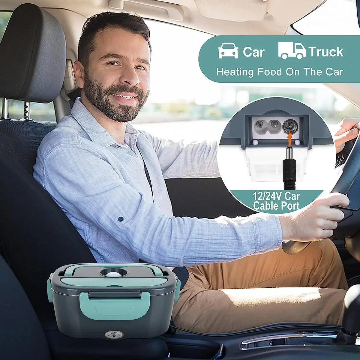 A man sits in a car, demonstrating a portable electric lunch box designed for heating food on the car.
