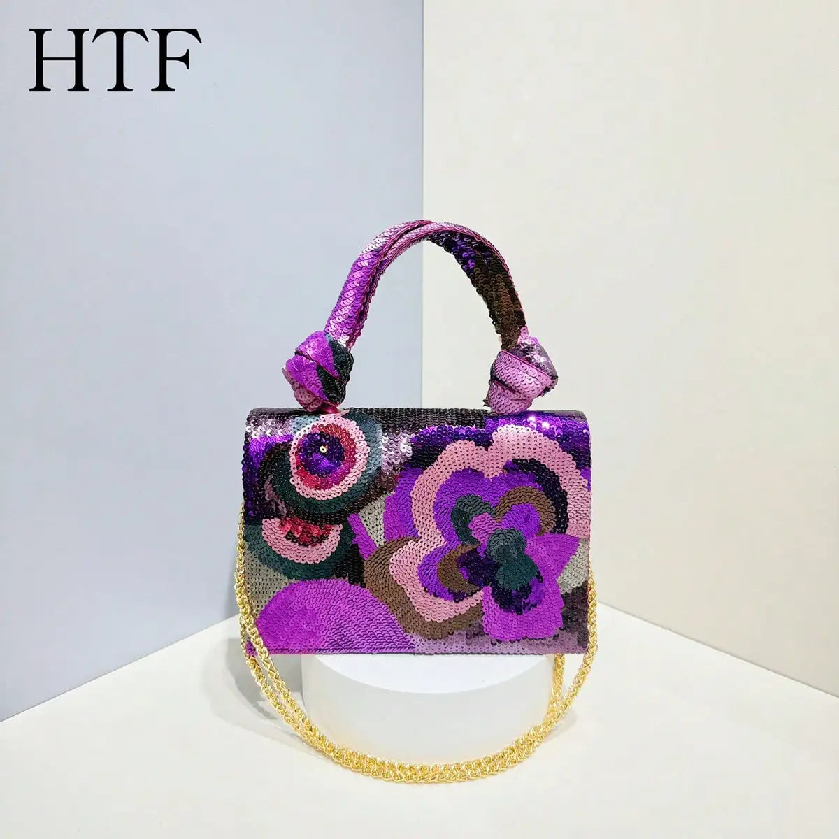 Sequin Floral Evening Clutch with Chain