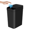 A black motion sensor slim trash can with an automatic lid is shown next to a hand.