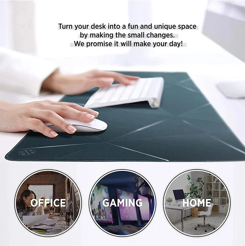 A dark gaming mouse pad is shown with a white mouse resting on it, illustrating its use in office, gaming, and home settings.