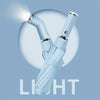 A light blue automatic three-fold umbrella with an LED light shining brightly against a soft background.