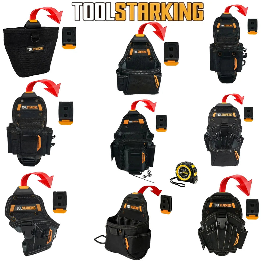 Various black toolworking pouches and holders for electrician tools shown in different angles