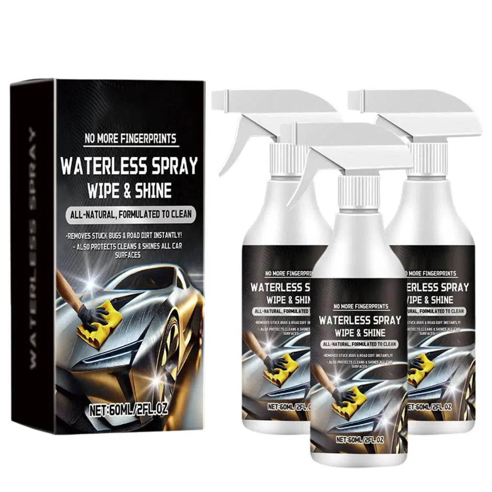 Botella de limpiador en spray sin agua y brillo junto a su empaque para limpiar coches.