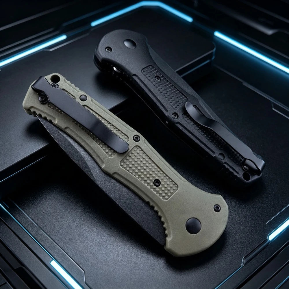 A folding pocket knife with a light green handle and black blade resting on a dark surface with blue neon lighting.