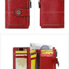 A red leather wallet with multiple card slots and a flap closure shown in two views.