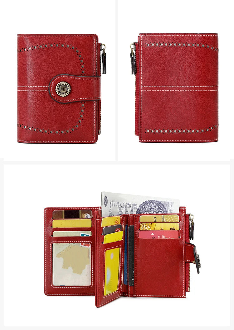 A red leather wallet with multiple card slots and a flap closure shown in two views.