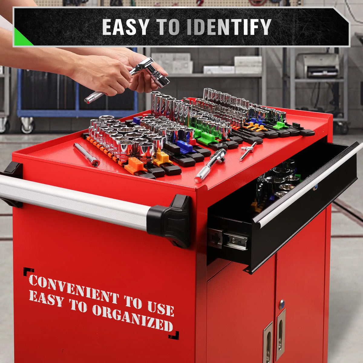 A hand is placing sockets into a red organizer box, demonstrating the easy to identify and convenient to use organization of 