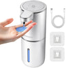 A white touchless automatic soap dispenser is shown being used by a hand, with charging cable and dispensing icons displayed.