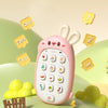 A pink rabbit-shaped baby music phone toy with teether is shown surrounded by numbered yellow cards.