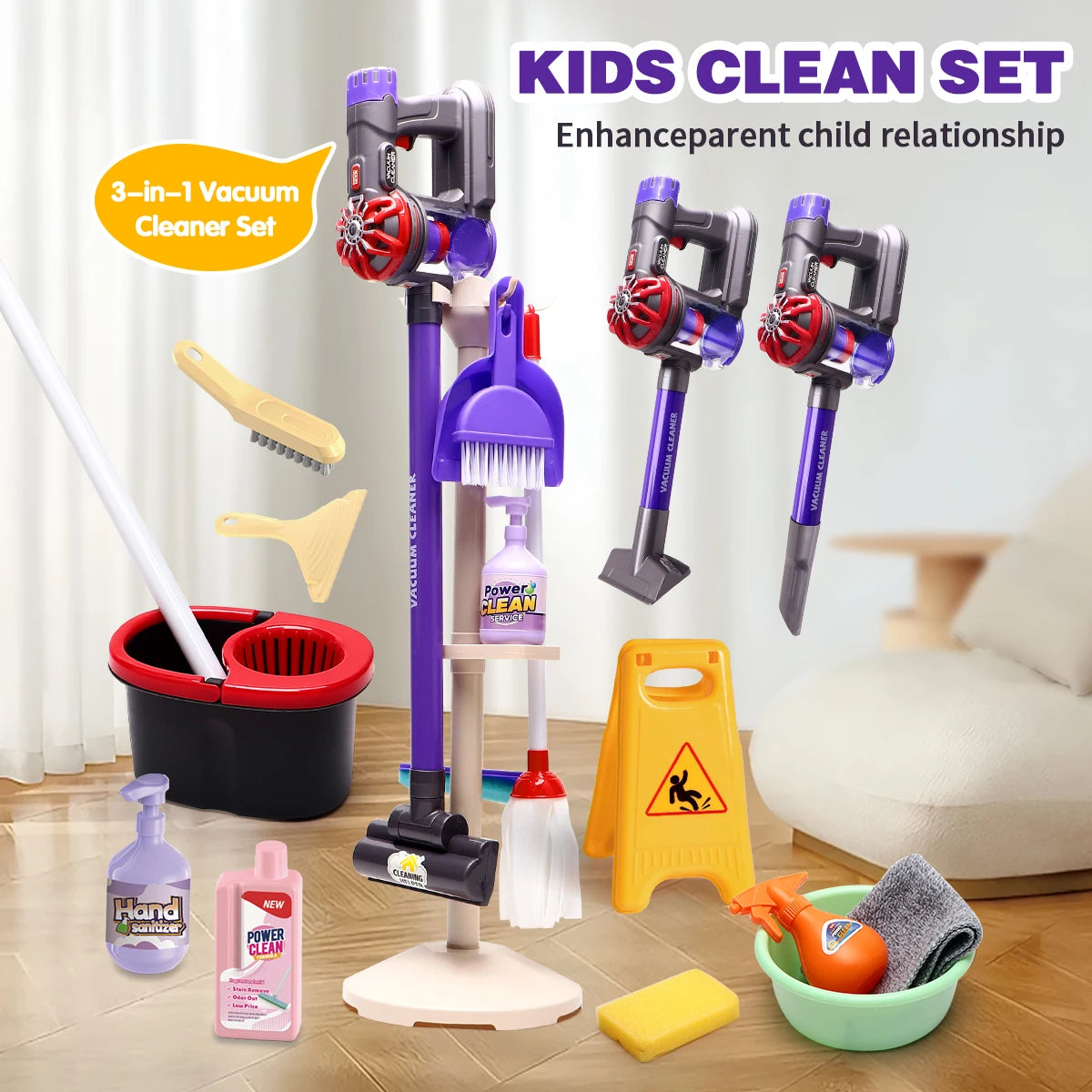 3-in-1 Electric Cleaning Playset for Kids with Storage Rack