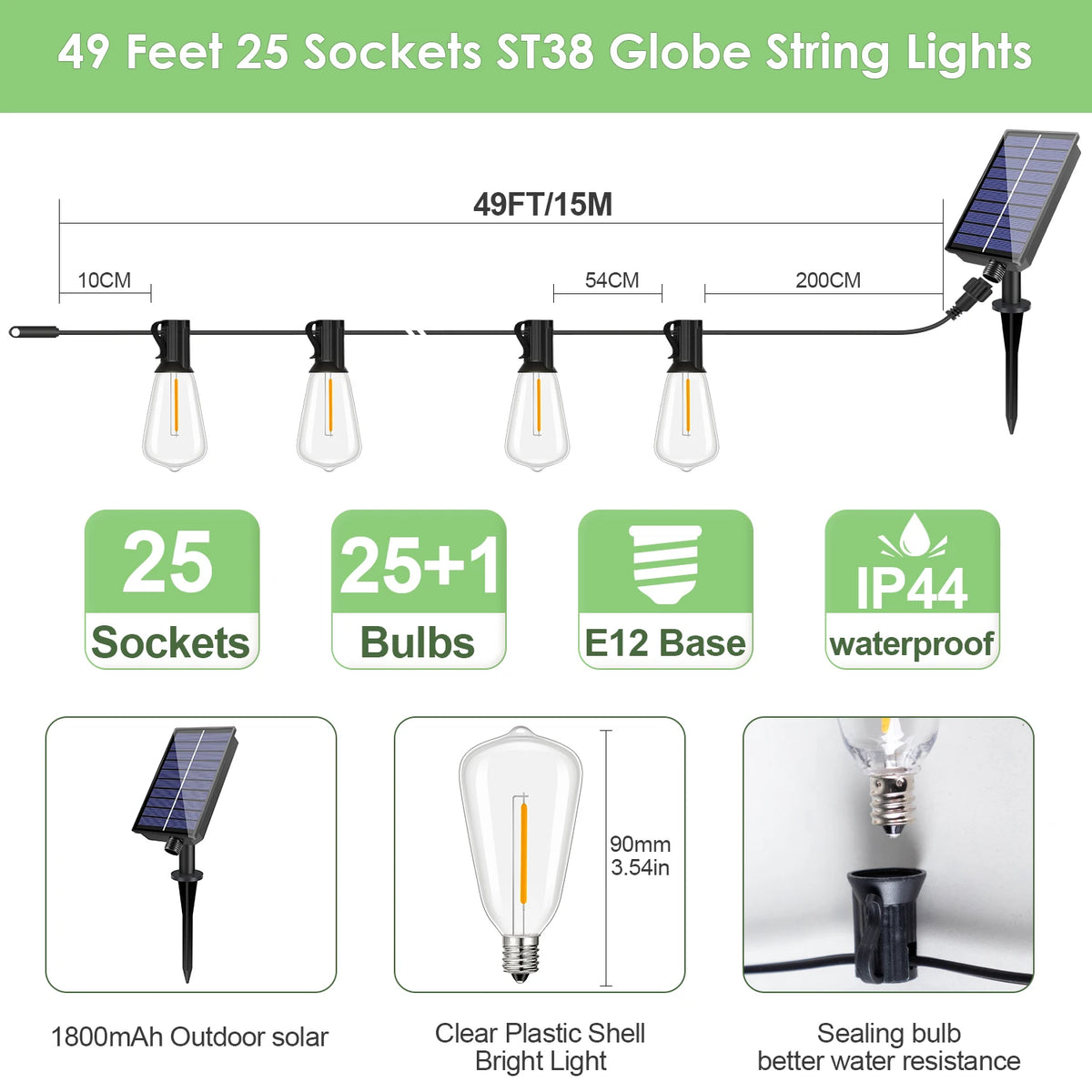 49 feet of ST38 globe string lights with 25 sockets and E12 bases, featuring waterproof bulbs.