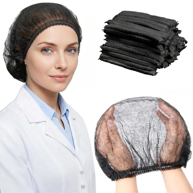 A woman wearing a disposable non-woven bouffant cap and a lab coat, with a stack of black caps shown nearby.