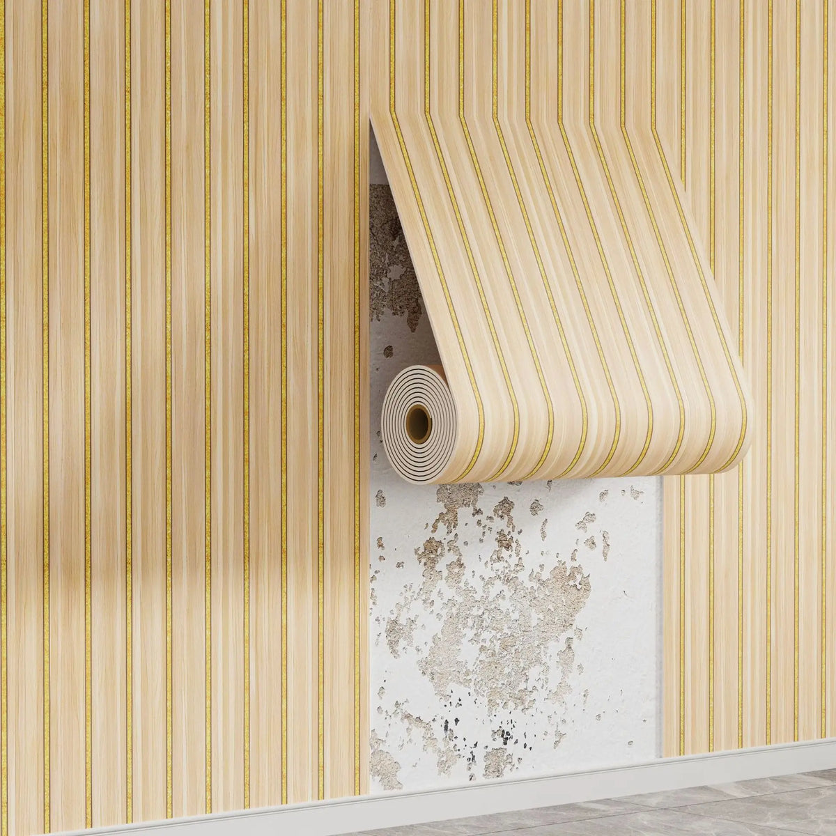 Vertical striped wallpaper featuring light beige and gold tones on a wall with a rolled-up section.