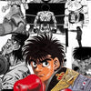 A collage of various boxing scenes and fighters from the Hajime no Ippo anime, featuring intense close-ups and action shots.