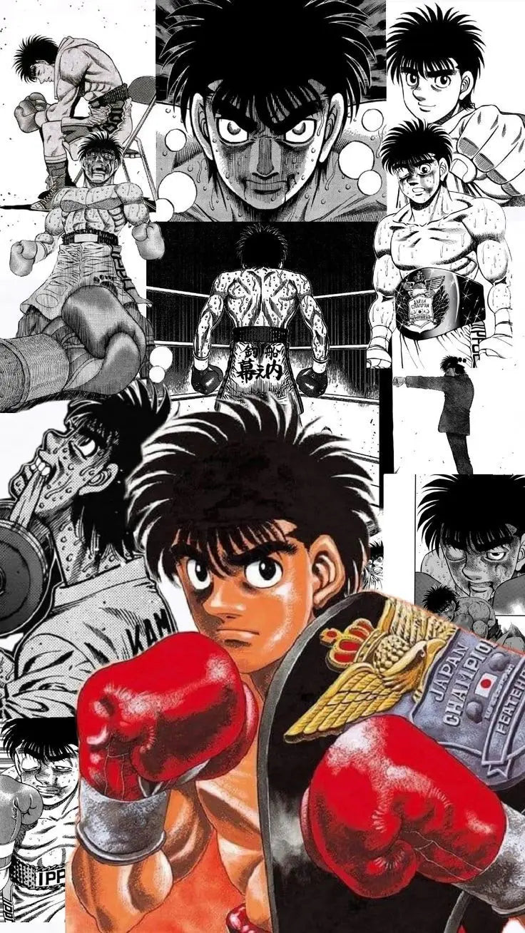 A collage of various boxing scenes and fighters from the Hajime no Ippo anime, featuring intense close-ups and action shots.