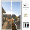 A magnetic screen door curtain is shown alongside a stack of paper and a white fabric swatch.