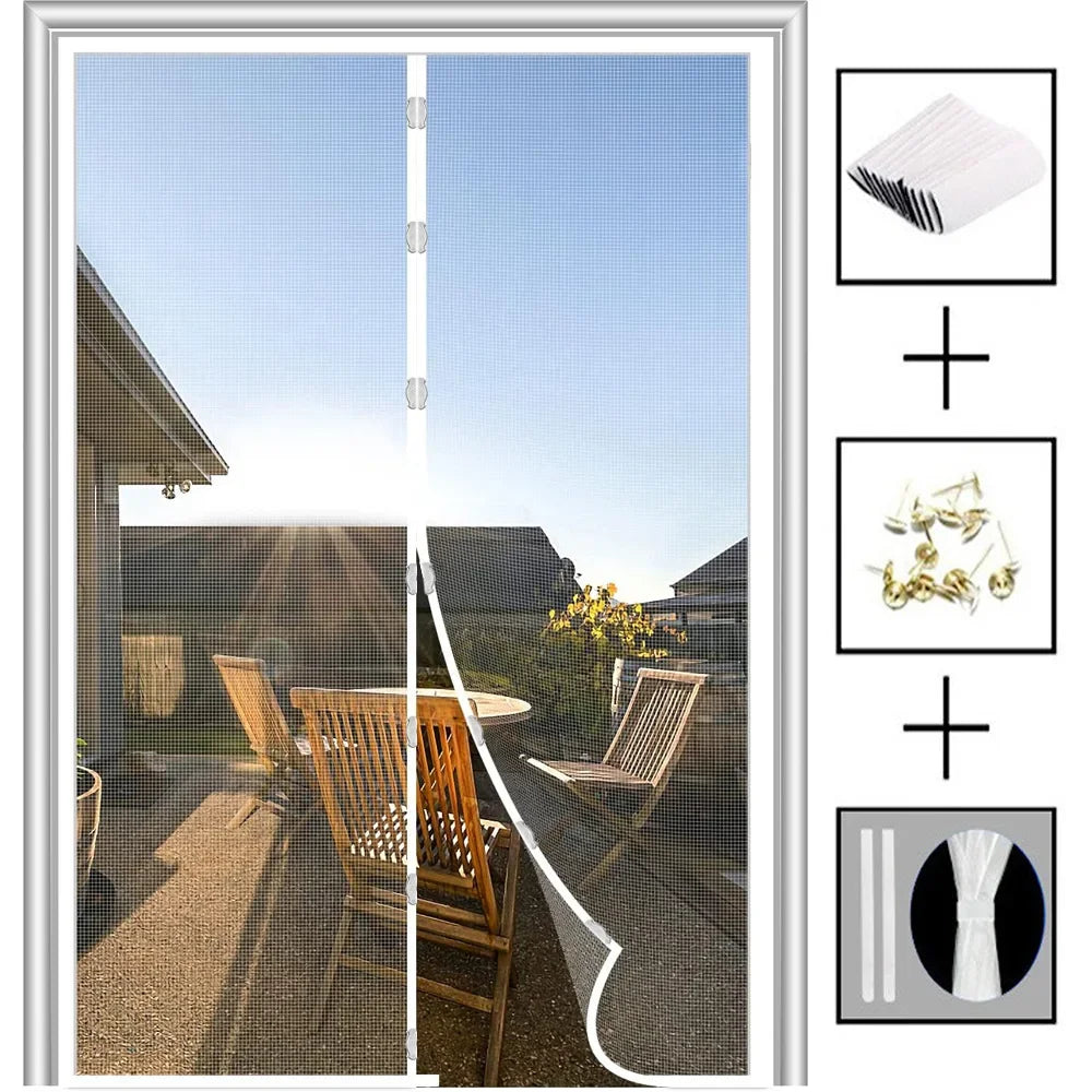 A magnetic screen door curtain is shown alongside a stack of paper and a white fabric swatch.