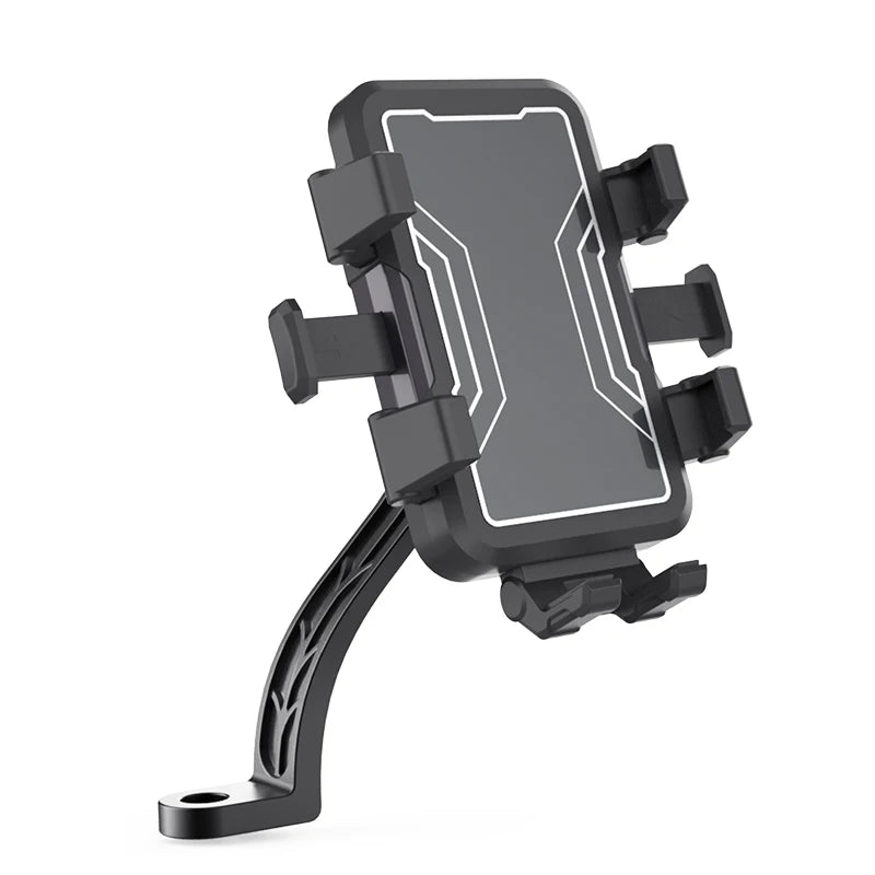 A black secure phone mount designed for bikes, featuring six claws and 360-degree rotation.