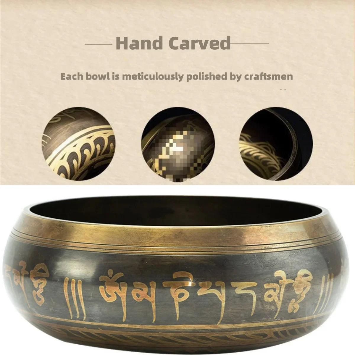 A bronze Tibetan singing bowl with engraved script, shown in a side view.