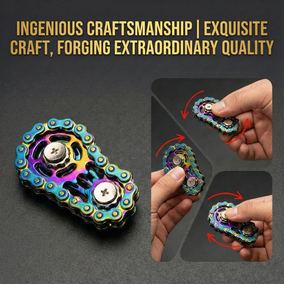 A hand holding a rainbow iridescent sprocket fidget spinner made of zinc alloy.