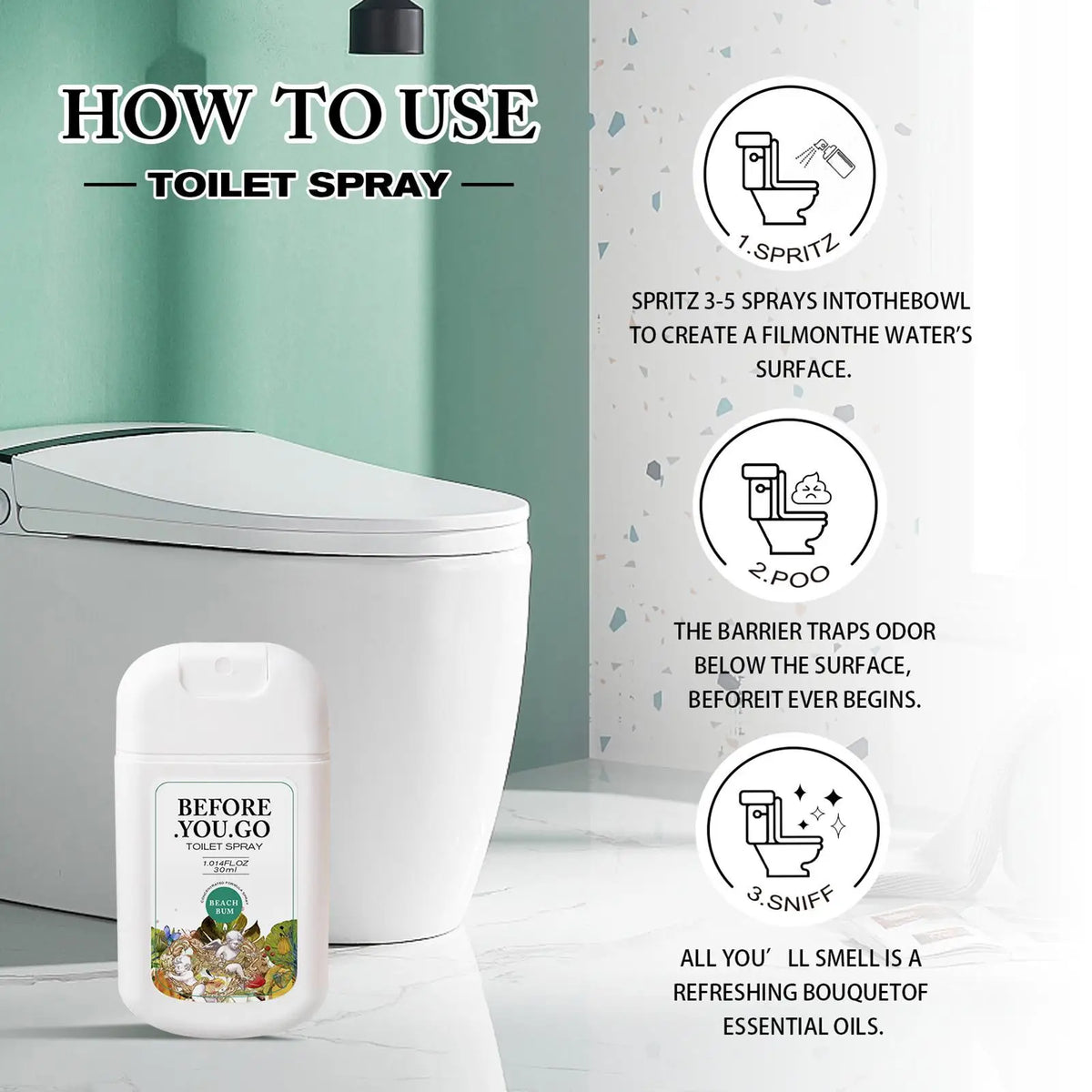 A bottle of toilet spray is shown next to a toilet, illustrating how to use the product.