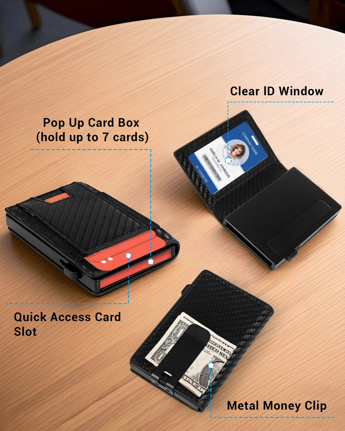 Schwarzes, schlankes Aluminium-Kartenträger-Wallet mit Funktionen wie Pop-up-Kartenbox und Metall-Geldclip.
