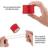 A hand grips a roll of red nylon cord for jewelry making and crafting, showing how to grasp the entire roll with one hand.
